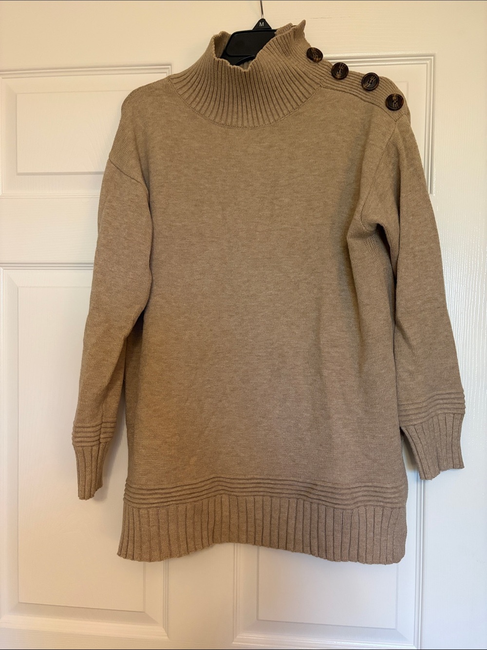 Taupe Button-Shoulder Turtleneck Sweater